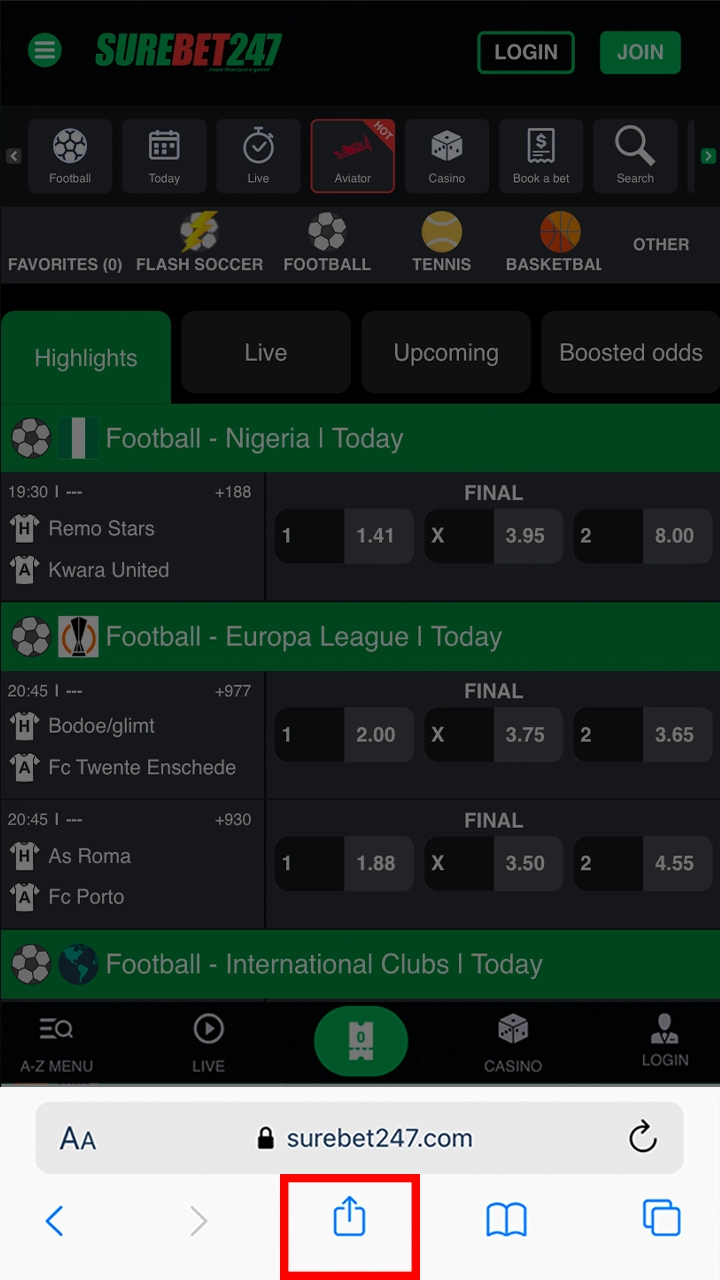 At the bottom of the screen, click on share Surebet247 website.