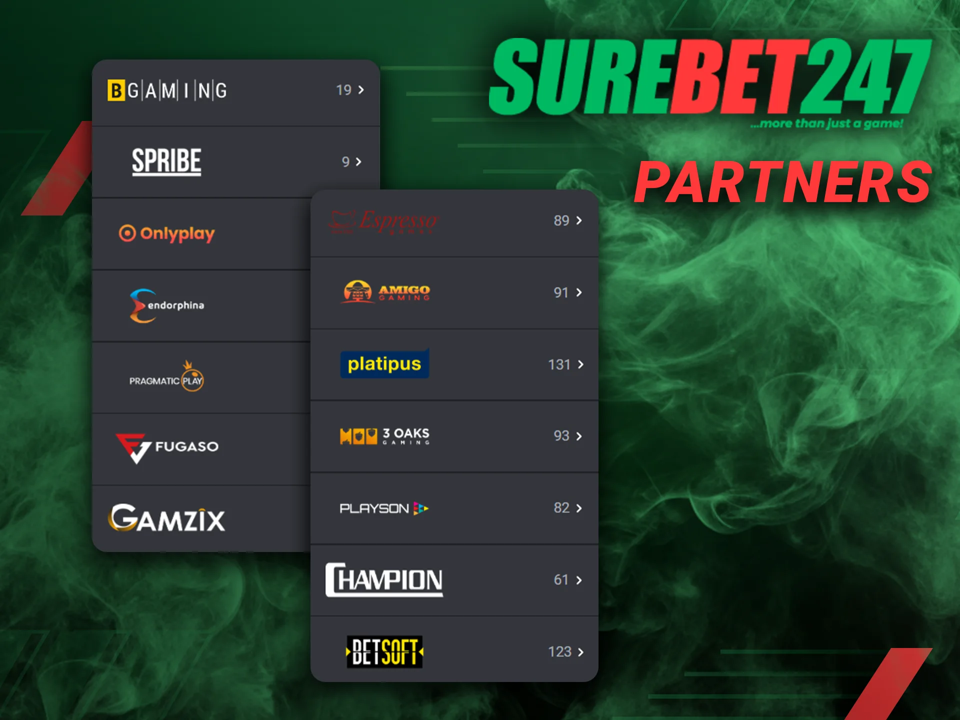 Surebet247 cooperates with popular casino providers.