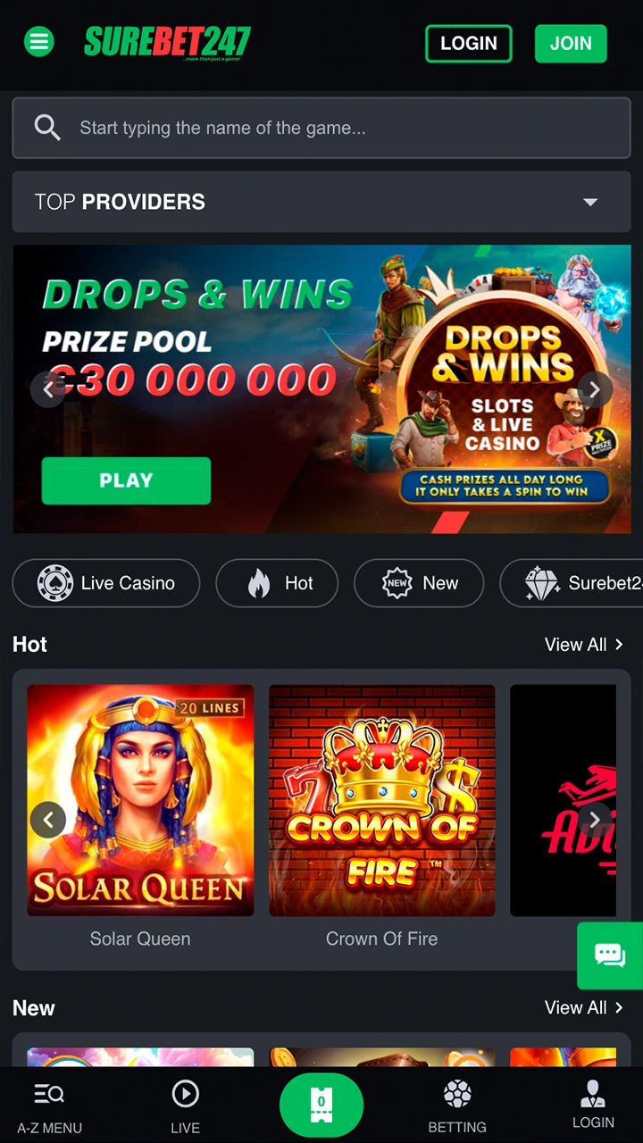 Try your fortune in the casino section of the Surebet247 app.