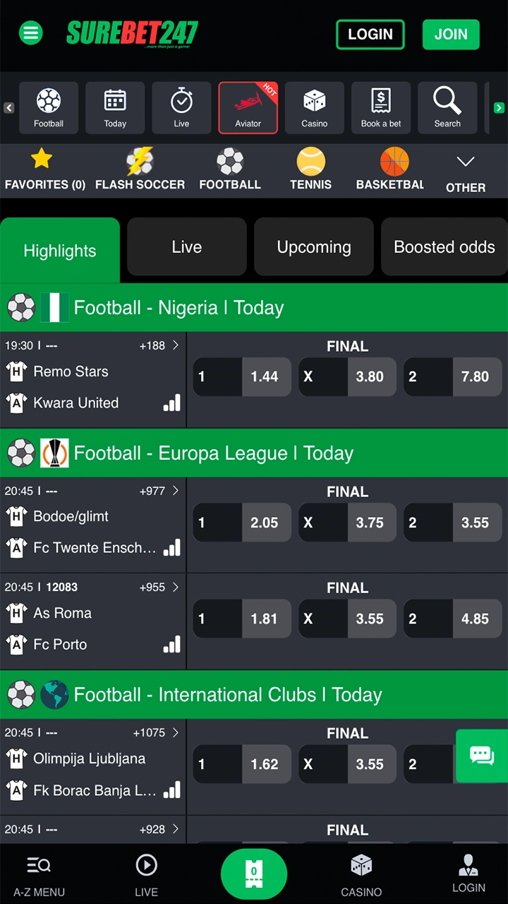 Familiarise yourself with the home page of the Surebet247 app.