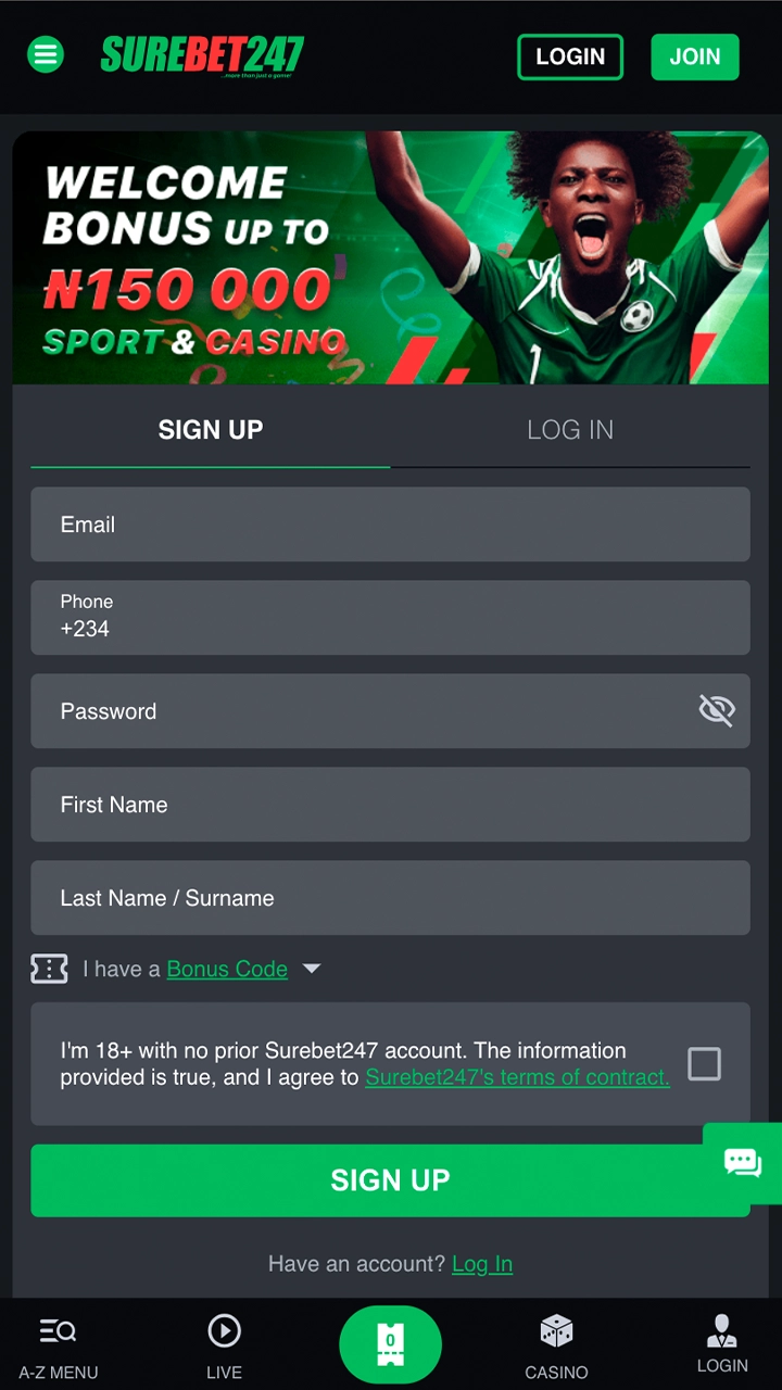 Fill in the required fields to create an account with Surebet247.