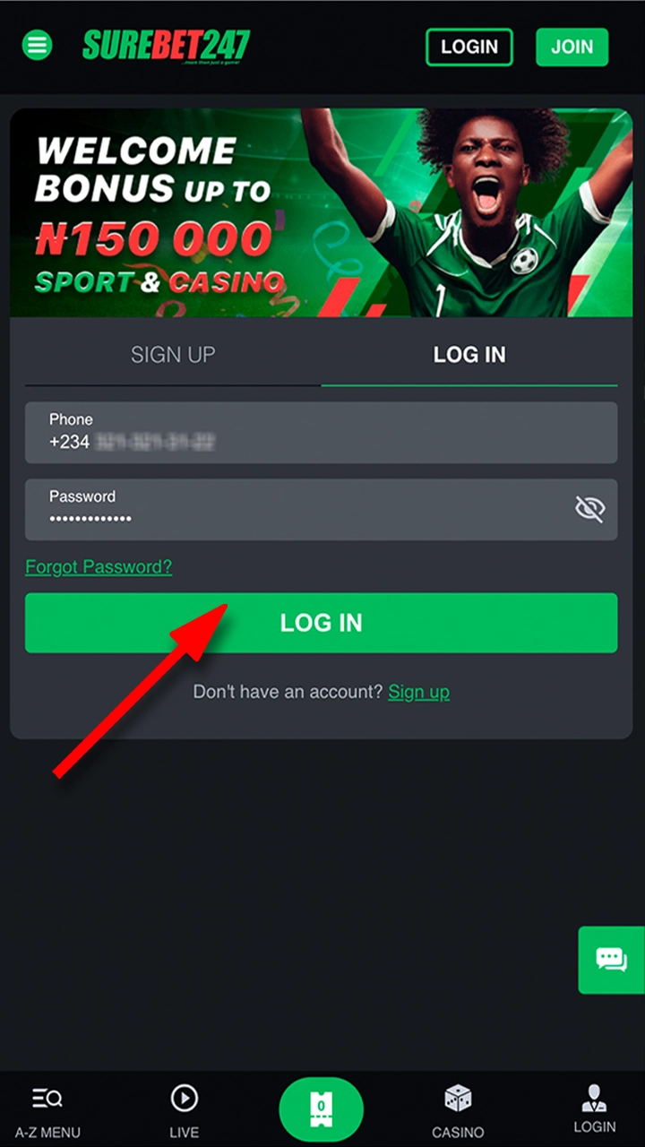 Use your Surebet247 account login details.