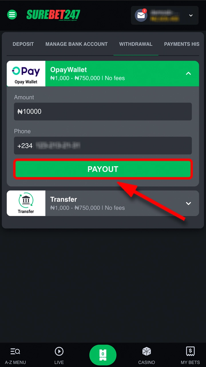 Fill in the required fields and complete your withdrawal from Surebet247.