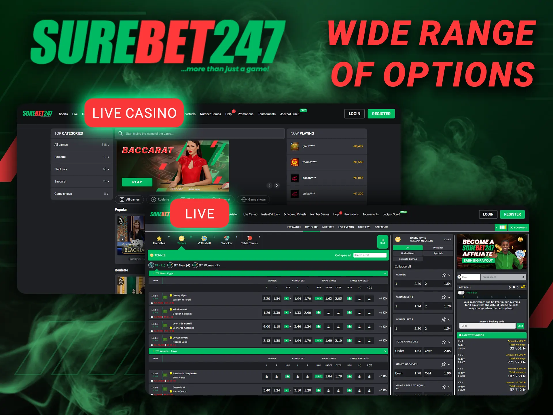 Play live casino games and bet on live matches at Surebet247.