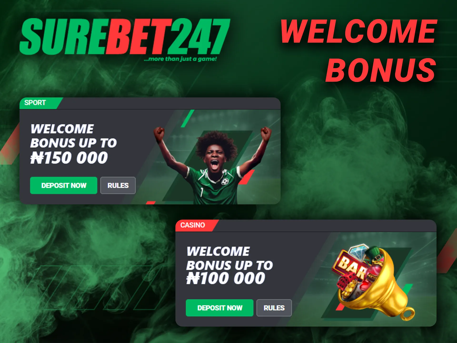 Welcome bonus on sports and casino for new Surebet247 users.