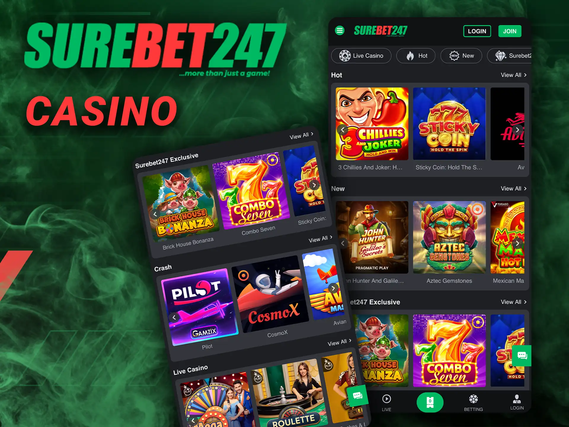 Play your favorite casino games on the Surebet247 app.