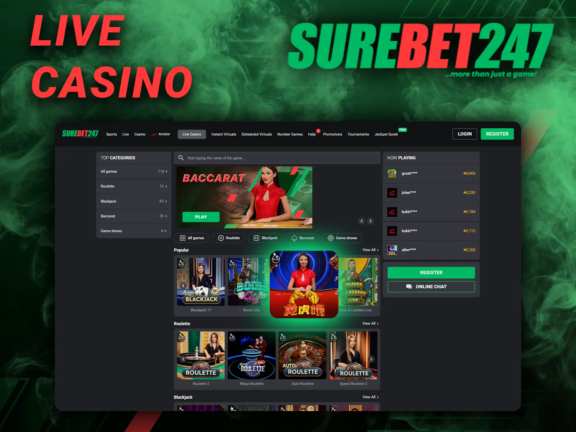 Come to Surebet247 and play at the live casino.